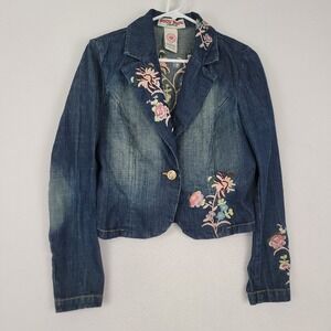 BISOU BISOU VINTAGE Y2K EMBROIDERED BLUE DENIM JACKET WOMENS MEDIUM BOHO